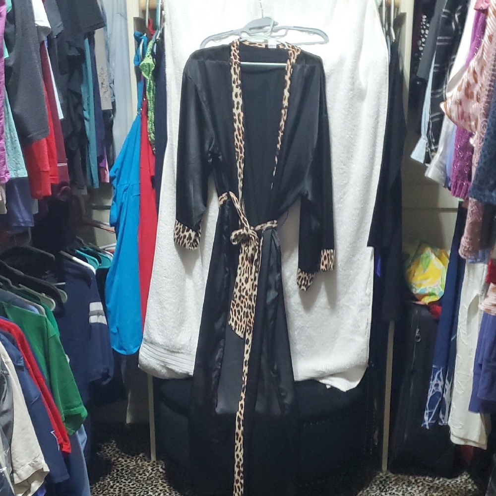 Black Silk Long Robe with Leopard Print Trim